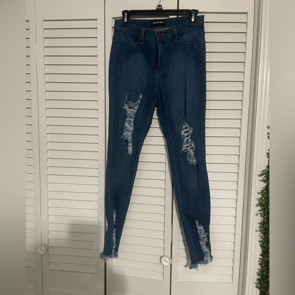 Fashion Nova Dark Wash Hight Rise Distress Skinny Jeans size 11